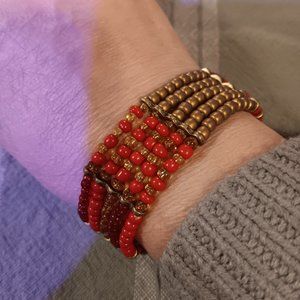Red Gold Colored five Strand Bead Stretch Bracelet - BEAUTIFUL!!!